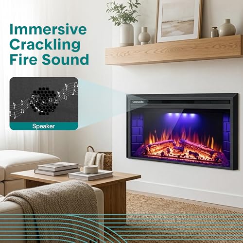 SereneLife Electric Fireplace Heater with LED Flame, Smart Wi-Fi, Remote, Thermostat, 13 Color Modes, Recessed or Wall Mounted Fire Place, Quiet Operation, Overheat Protection, Black Frame SereneLife