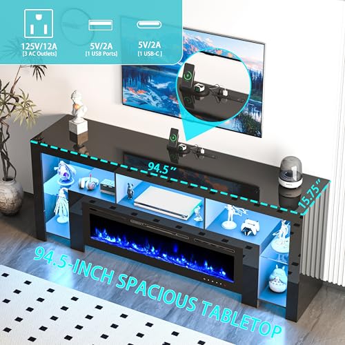 94.5" Fireplace TV Stand for TVs Up to 100", Gaming LED Entertainment Center with 50" Electric Fireplace, Modern High Gloss Media Console for Living Room, Glass Shelves & Open Storage, Black CayugaCrekrd