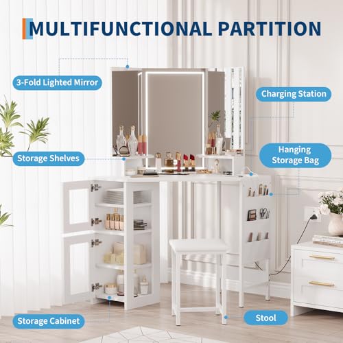 Garvee Corner Vanity Desk and Stool, Corner Makeup Vanity with LED Lighted Mirror Charging Station and Cabinet for Bedroom, White Garvee