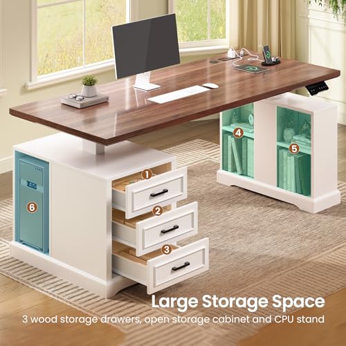 SEDETA Farmhouse Electric Standing Desk, 63" Height Adjustable Computer Desk with 3 Drawers, Storage Shelves, Power Outlets, Wood Home Office Stand up Desk for Work, Study, Writing, White SEDETA