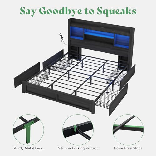 AMERLIFE King Size Bed Frame with LED Headboard, 4 Storage Drawers & Charging Station AMERLIFE