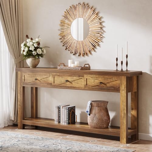 Tribesigns 70.9” Console Table with 3 Drawers, Extra Long Entryway Table for Hallway, Living Room, Narrow Sofa Table Behind Couch with Storage Shelf, Rustic Brown Wood Foyer Furniture Tribesigns