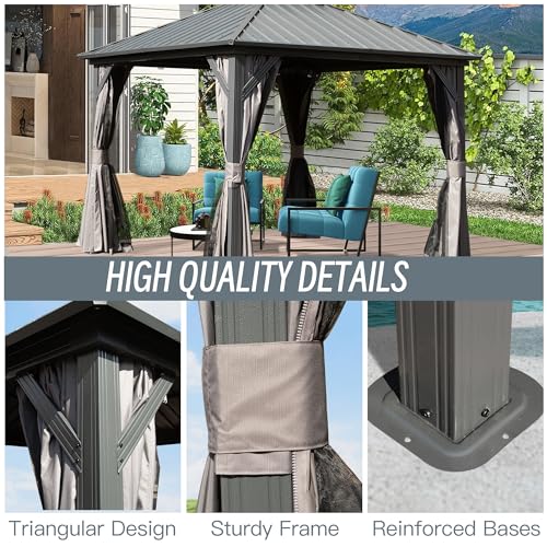 Domi 8x8FT Hardtop Gazebo, Outdoor Gazebo with Galvanized Steel Double Roof Canopy, Curtain and Netting, Metal Gazebo Pavilion for Patio, Lawn, Garden, Gray domi outdoor living