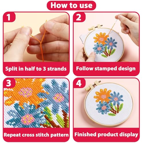ZOIIWA 6PCS Spring Themed Flower Cross Sewing Kits for Beginners Flower DIY Embroidery Kit for Kids Adults Party Birthday Christmas Gift Needlepoint Patterns with 2 Embroidery Hoops Craft Supplies