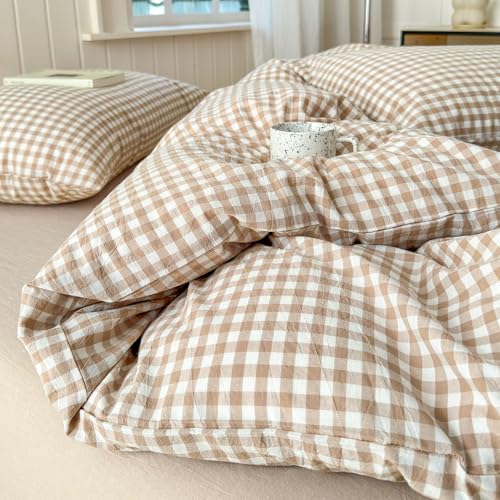 LifeTB Tan Gingham Comforter Set California King 3 Pieces Modern Plaid Comforter Set Beige Grid Comforter with 2 Pillowcases Soft Fluffy Checkered Grid Pattern Gingham Bedding Set for All Seasons LifeTB