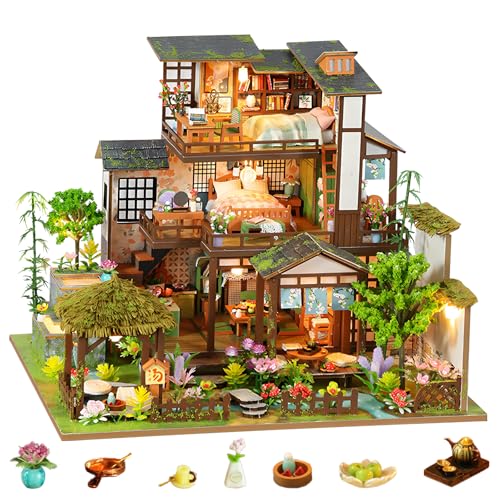 DIY Miniature House Kit, Dollhouse Kit, 3D Wooden Puzzles Bookshelf Craft Kits, Mini Doll House Building Kit for Adults Teen(Garden Cottage)