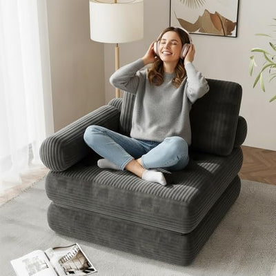 DSNAPE 35" Folding Sofa Bed, 5-in-1 Convertible Sleeper Chair Floor Mattress with Removable Armrest, Boneless Couch in a Box Fold Out Futon Lounge Chair Bed for Dorm Bedroom Small Space - Grey, Single