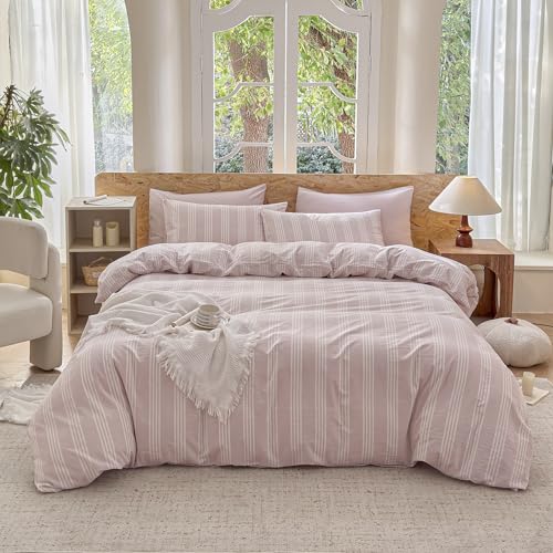 BESTDESIL Pink Striped Duvet Cover Set 100% Washed Cotton Linen Like Super Soft Chic Bedding Set 3 Pcs Greyish Pink-White Full BESTDESIL