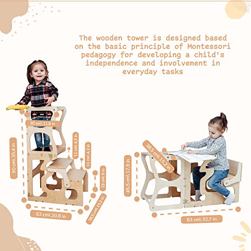 Toddler Step Stool Kids - Kitchen Stool for Toddlers - Learning Helper Tower Montessori Furniture - Chair with Back (with a Neckline) Wood And Hearts