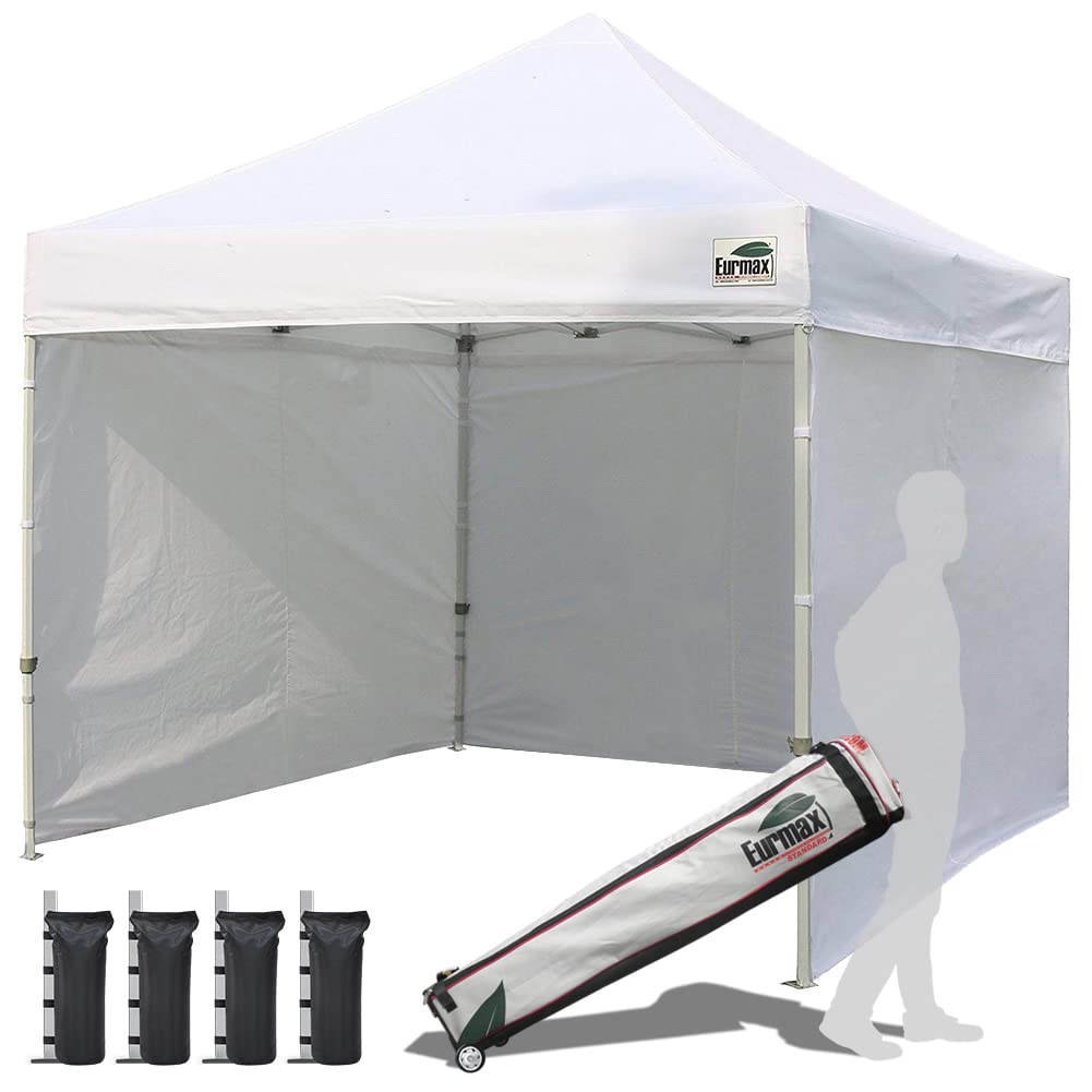 Eurmax USA 10'x10' Pop-up Canopy Tent Commercial Instant Canopies with 4 Removable Zipper End Side Walls and Roller Bag, Bonus 4 SandBags(White) Eurmax
