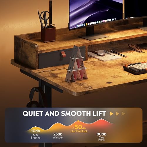 DEVAISE 55×28 Inch Electric Standing Desk with Drawers, Computer Desk with 3 Adjustable Height, Storage Shelf, Built-in USB Outlets and Memory Preset, Sit to Stand Desk for Home Office, Rustic Brown DEVAISE