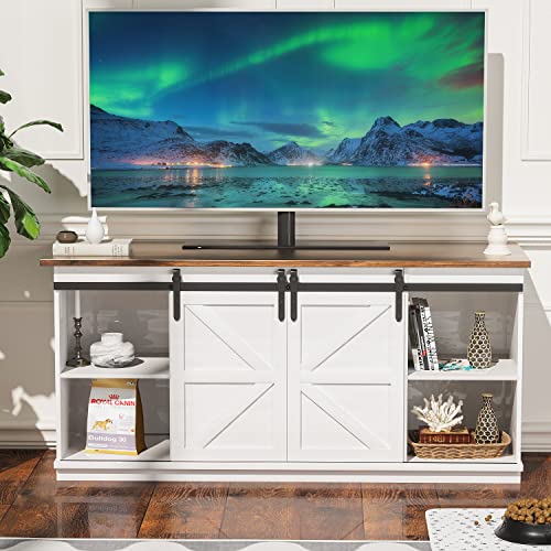 YESHOMY Farmhouse TV Stand and Entertainment Center for Televisions up to 65 Inchs, with Sliding Barn Doors and Storage Cabinets, Console Table and Media Furniture for Living Room, 58 Inch, Milk White YESHOMY