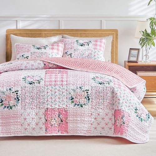 Joyreap 3 Pieces Floral Patchwork Quilt Set Queen, Pink n White Flowers Design, Soft n Cozy Microfiber Quilt, Bedspread Bed Cover for All Season, 1 Quilt and 2 Pillow Shams- 90x90 inches Joyreap