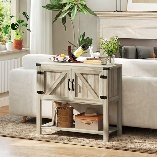 HOMCOM Farmhouse Double Door Coffee Bar Cabinet, Console Table, Sideboard Buffet Cabinet with Bottom Shelf for Entryway, Living Room, Washed-Out Gray HOMCOM