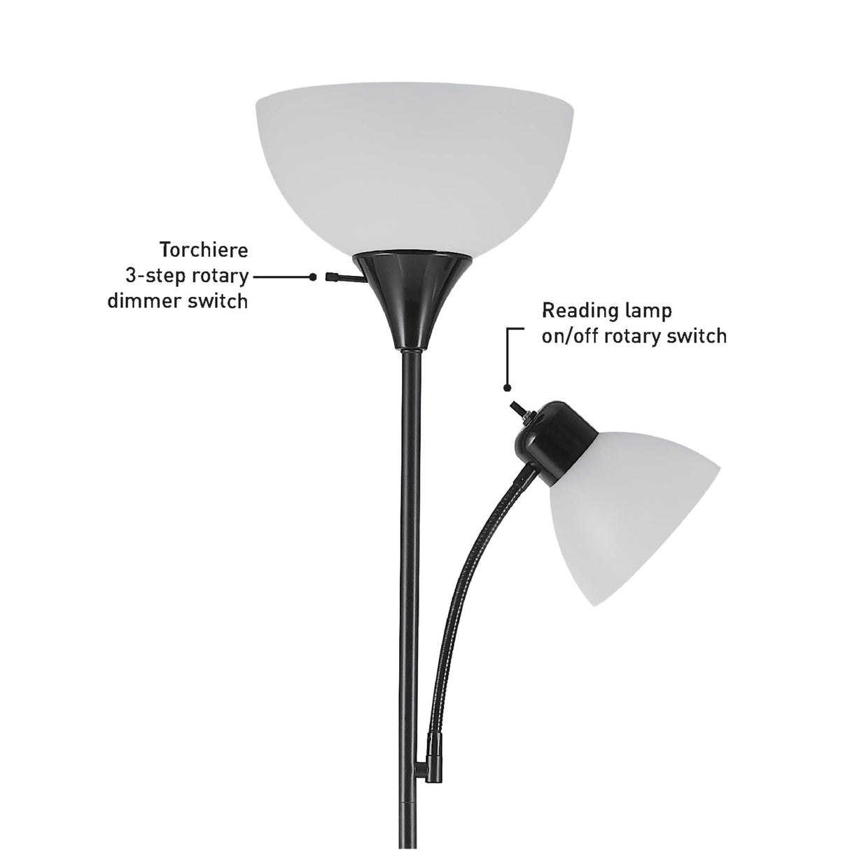 Globe Electric 67135 72" Torchiere Floor Lamp + Adjustable Reading Light, Matte Black, Frosted Plastic Shade, 3-Step Rotary Switch on Socket, Living Room Décor, Reading Light, Home Essentials Globe Electric