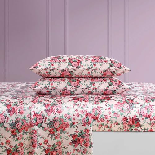 Betsey Johnson - Twin Bed Sheets, Satin Bedding Set with Matching Shams, Smooth & Silky, Dorm Essentials (Vintage Floral Pink) Betsey Johnson