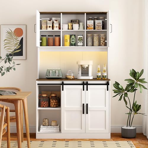 72" Kitchen Pantry with Wine Bar, LED Pantry Cabinet with 2 Sliding Doors & Open Shelf, Versatile Cupboard with 2 Doors & Charging Port for Living Room, Kitchen, Apartment, White AFANLAX