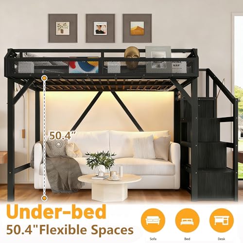 Bellemave Twin XL Loft Bed with Storage Stairs, Shelves & Wardrobe, Twin XL Metal Loft Bed Frame with LED Lights & USB Ports for Kids Teens, Noise-Reduced Design, Black Bellemave