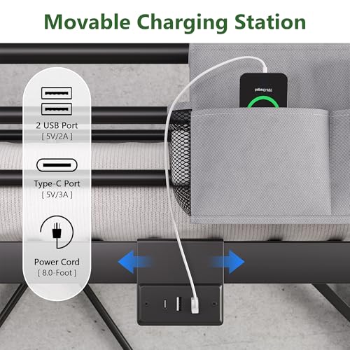 Twin Size Loft Bed with LED Lights and Charging Station, Industrial Heavy Duty Metal Loft Bed Frame with Ladder and Guardrail for Kids Adults, Small Space Saving Design for Bedroom Dorm, Black Jocoevol