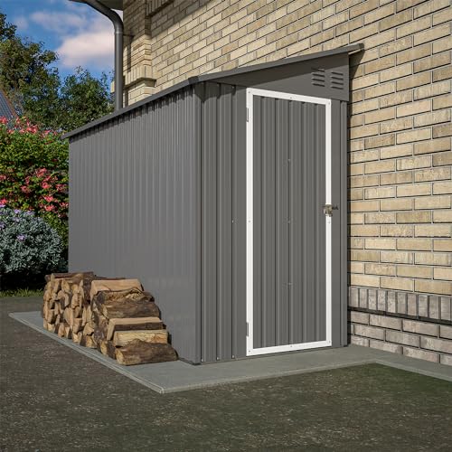 YOPTO 4×8 FT Lean to Metal Shed,Outdoor Heavy-Duty Storage Shed with Floor Base,All Weather Waterproof Garden Tool House W/Lockable Door&2 Air Vents,Reversible Door Design,for Backyard,Patio,Lawn,Gray YOPTO
