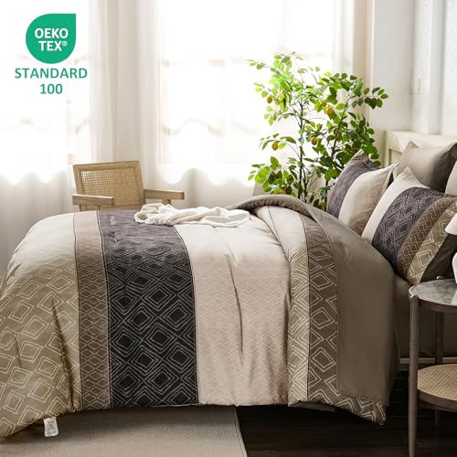 Dinjoy Light Brown King Size Comforter Set,Striped Boho Bed in a Bag King 7 Pieces Soft Fall Bedding Comforters Sets Microfiber Complete Bed Sets for All Season Dinjoy