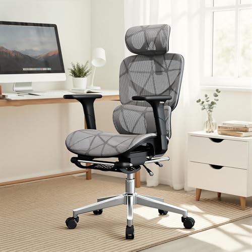 Opiesit Office Chair with 3D Adjustable Lumbar Support,Ergonomic Computer Chair,Adjustable Headrest and Armrests, 400lbs Capacity,Tilt-Swivel,Premium Mesh Desk Chair for Office,Home & Gaming (Grey) Opiesit