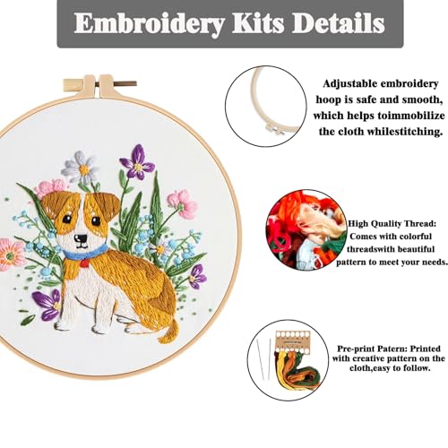 GLTAYLMY Dogs Embroidery Kit for Beginners with Pattern and Instructions,3 Pack Cross Stitch Kits,1 Plastic Embroidery Hoops,Threads and Needles,Needlepoint Kit for Adults