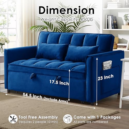 tiramisubest Sleeper Sofa Bed,55'' Convertible Pull Out Couch with Side Pockets,Velvet Fabric Loveseat Sleeper Sofa with Adjustable Backrest for Living Room,Apartment(Blue) tiramisubest
