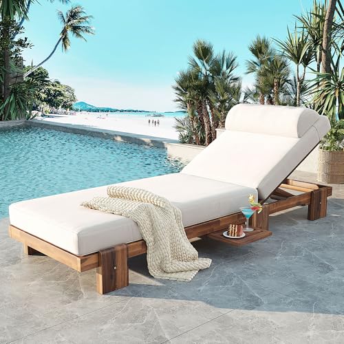 Hlcodca 78.8'' Outdoor Patio Chaise Lounge Chair, Acacia Wood Adjustable Recliner with Headrest, Perfect for Terrace, Poolside, Garden, and Beach (Beige-E)