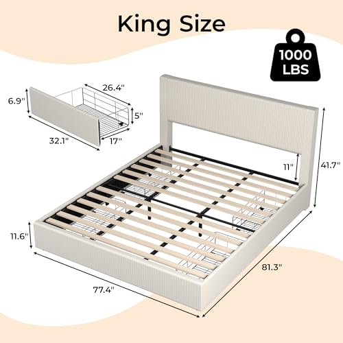 IDEALHOUSE King Size Bed Frame with Tall Tufted Wingback Headboard, Platform Velvet Upholstered King Bed Frame with 4 Storage Drawers and Wooden Slats Support, No Box Spring Needed, Creamy White IDEALHOUSE