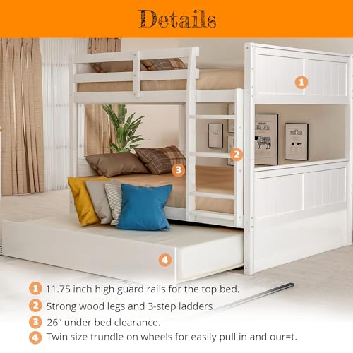 MERITLINE White Full Over Full Bunk Bed with Trundle - Solid Wood Detachable Design for Kids MERITLINE