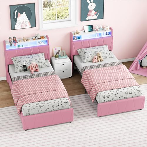 LIKIMIO Twin Bed Frame with 2 Storage Drawers, Charging Station & LED Lights, Upholstered Platform Twin Bed with Storage Headboard, Strong Wooden Slats, No Box Spring Needed, Easy Assembly, Pink LIKIMIO