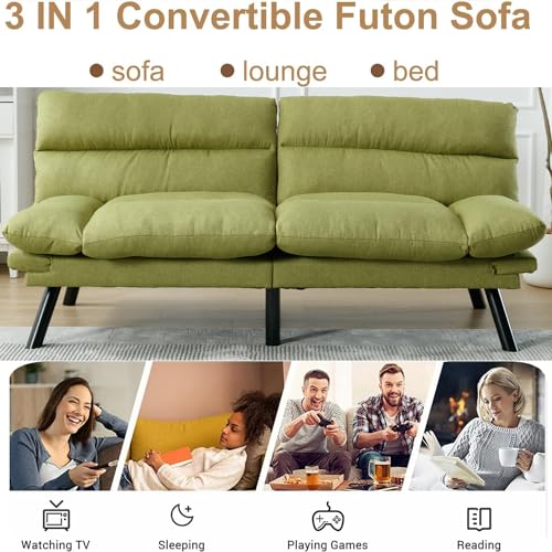 70" Green Modern Linen Convertible Folding Futon Couch Sofa Bed Adjustable Pillow Top Arm Memory Foam Couch Double Loveseat Sofa for Compact Living Space,Dorm,Game Studio,Apartment,Bedroom Klwenas Maec