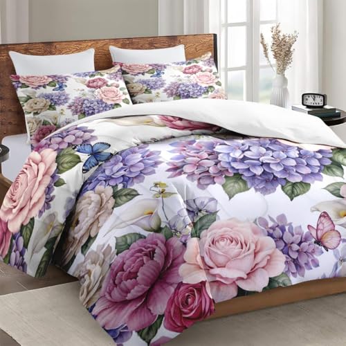 WeCozy Queen Size Comforter Set with 2 Pillowcases, Painting Floral Rose Flower Hydrangea Soft 3 Pcs Bedding for Kids and Adults Bedroom Bed Decor WeCozy