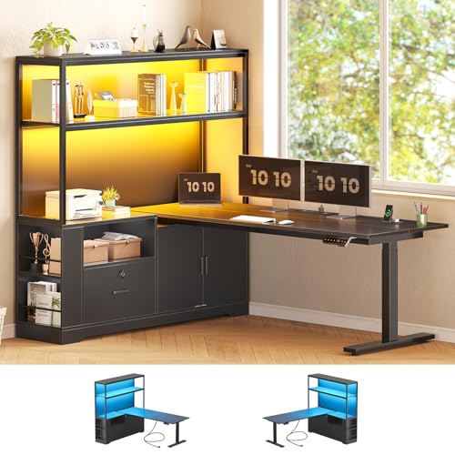 SEDETA 56.7" L Shaped Standing Desk, Reversible Computer Office Desk with Drawers & Hutch, Stand Up Corner Gaming Desks with LED Lights & Power Outlets for Home Office, Black SEDETA