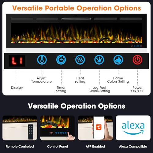 74" WiFi Smart Electric Fireplace Insert - Recessed & Wall Mounted Fireplace Heater with 13 Flame Colors & 6 Brightness Levels, APP/Touch/Remote Control, Timer, Crystal & Charcoal Decor, 750/1500W Vaczon