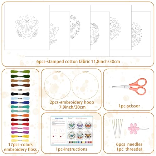 BEUNITONE 6 Set Moth Embroidery Kit for Adults Beginners, DIY Needlepoint Craft Kits with Instructions and Hoops, Complete Starter Set for Adults, Funny Hand Embroidery for Fabric and Home Decor