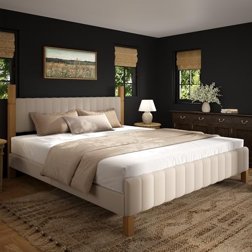 Yechen King Size Bed Frame, Wood Bed Frame with Upholstered Headboard, Solid Wood Posts and Feet, No Box Spring Needed, Beige Linen Yechen
