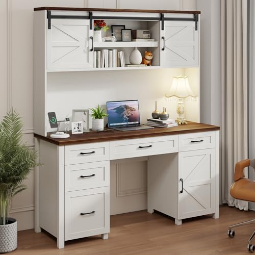 Farmhouse 67" H Executive Desk with Hutch,Office Desk with 5 Drawers, Computer Desks with Storage Cabinet & File Drawers and Charging Station, Workstation for Home Office and Study.(Unique White). Vabches