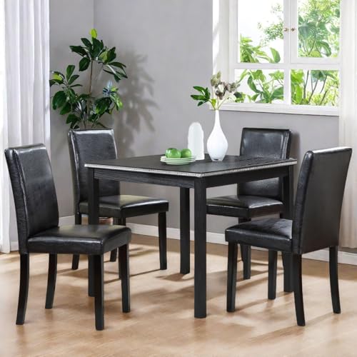 Trygoal Dining Table Set for 4, 5-Piece Dining Room Table Set with Square Crystal Decoration Table & 4 Upholstered Backrest Chairs, Counter Height Kitchen Sets with Faux Wood Grain Design, Black Trygoal