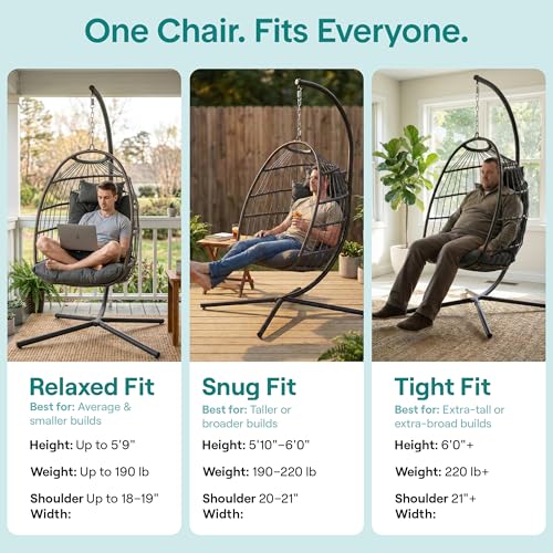 SereneLife Hanging Egg Chair with Stand - Wicker Rattan Outdoor Swing Chair, Powder-Coated Steel Frame, Padded Cushion & Headrest - Ideal Swinging Chair for Bedroom, Patio, Backyard - 350 lbs Load