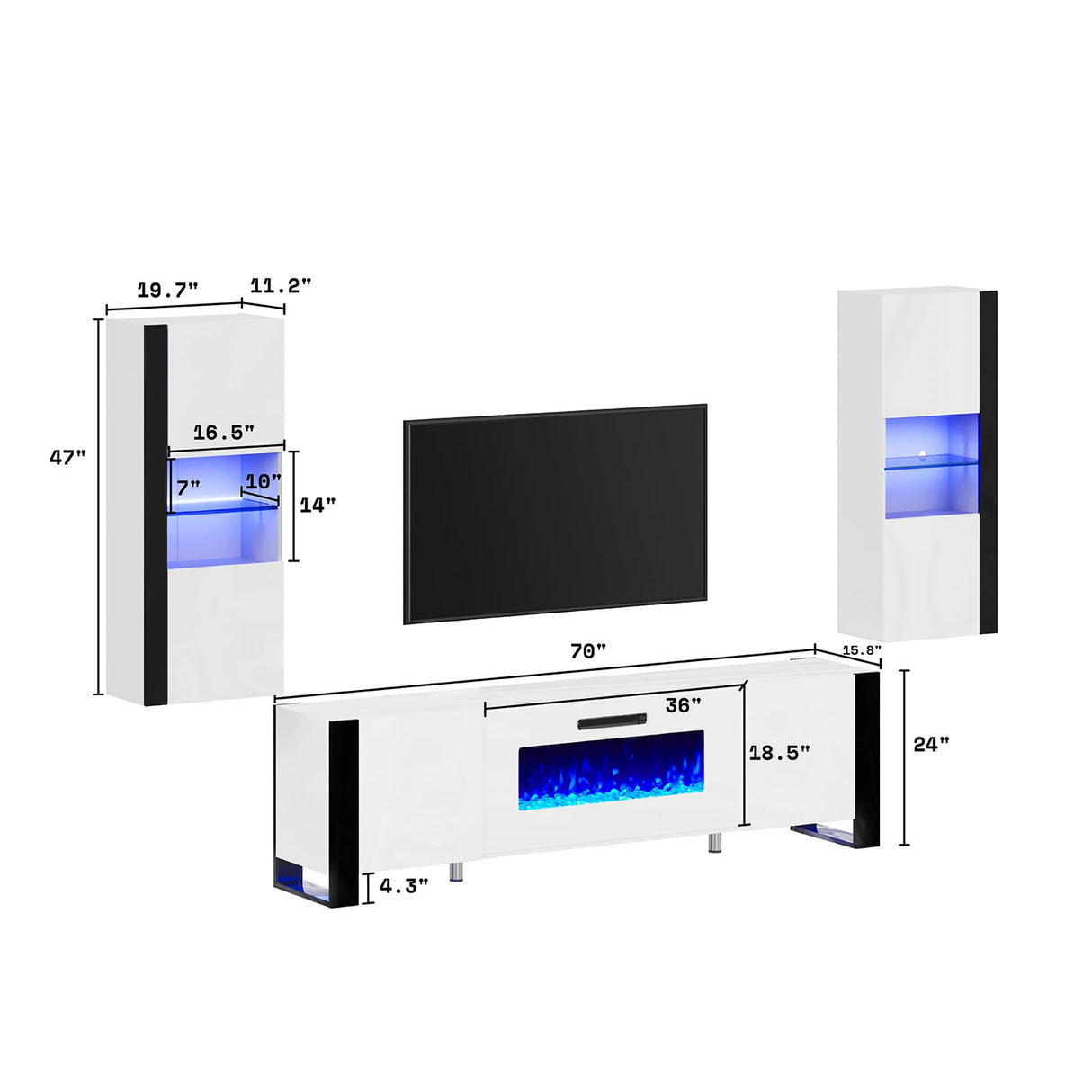 AMERLIFE 3 Piece Modern Wall Unit Entertainment Center Set, High Gloss 70" Fireplace TV Stand with 36" Electric Fireplace, 2 LED Wall Cabinets with Storage for Living Room, White AMERLIFE