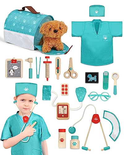 Lehoo Castle Wooden Doctor Kit for Kids, Vet Play Sets for Kids, Veterinarian Kit for Kids, Pretend Play Doctor Set with Dog Bag, Medical Kits Doctor Toys Gift for Kids Boys Girls Aged 3 4 5 6 Lehoo Castle
