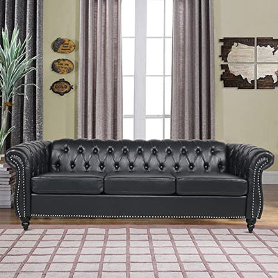 RARZOE Modern 3 Seater PU Chesterfield Sofa, Upholstered Tufted Button Leather Chesterfield Couch, Classic Faux Leather Settee with Nailhead Trim Scroll Arms for Living Room Bedroom(Black)