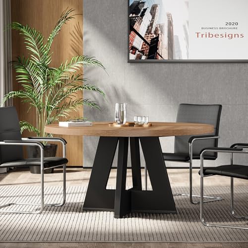 Tribesigns 47-Inch Round Conference Table for 4-6 People, Wooden Meeting Room Table with Thicken Tabletop and Wood Base (Brown+Black) Tribesigns