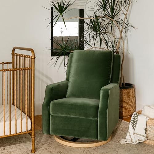 NAMESAKE Crewe Recliner and Swivel Glider in Forest Green Velvet with Light Wood Base, Greenguard Gold Certified NAMESAKE