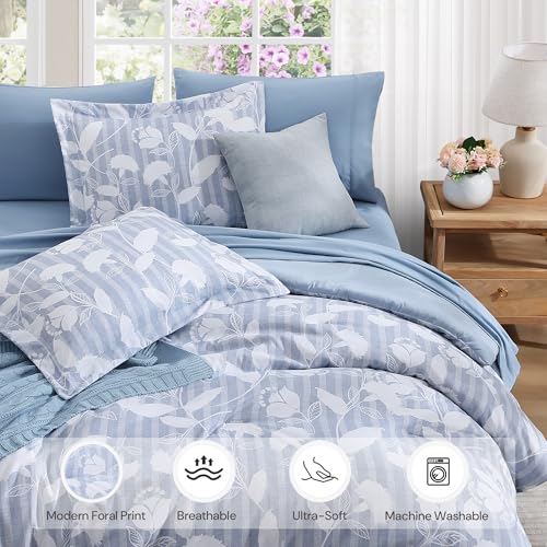 BLOOMHAVEN Queen Comforter Set -7 Pieces Blue Floral Comforter Set for All Seasons, Bed in a Bag Queen with Botanical Flowers Comforter, Sheets, Pillowcases & Shams BLOOMHAVEN