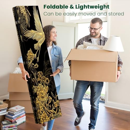 4 Panels Folding Screen Room Divider Cran Bird Wisteria Seamless Japanese Chinese Gold Black Traditional Canvas Screen Room Separator Freestanding Protective Decorative Divider Privacy Partition VETEB