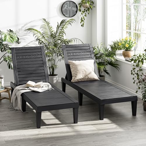 NBYSGO Outdoor Lounge Chairs Set of 2, 5-Position Adjustable Tanning Chairs with Wood Grain, All-Weather Resin Patio Recliners for Pool, Garden, Deck, Beach, Patio Lounge Chairs, Texture Black