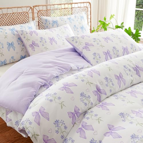 CCoutueChen Purple Bow Comforter Set Full 3 Pieces Floral Bedding Set for Girls Kids, Romantic Princess Style Bowknot Bedding, Ultra Soft Microfiber Garden Flower Comforter Sets with 2 Pillowcases CCoutueChen